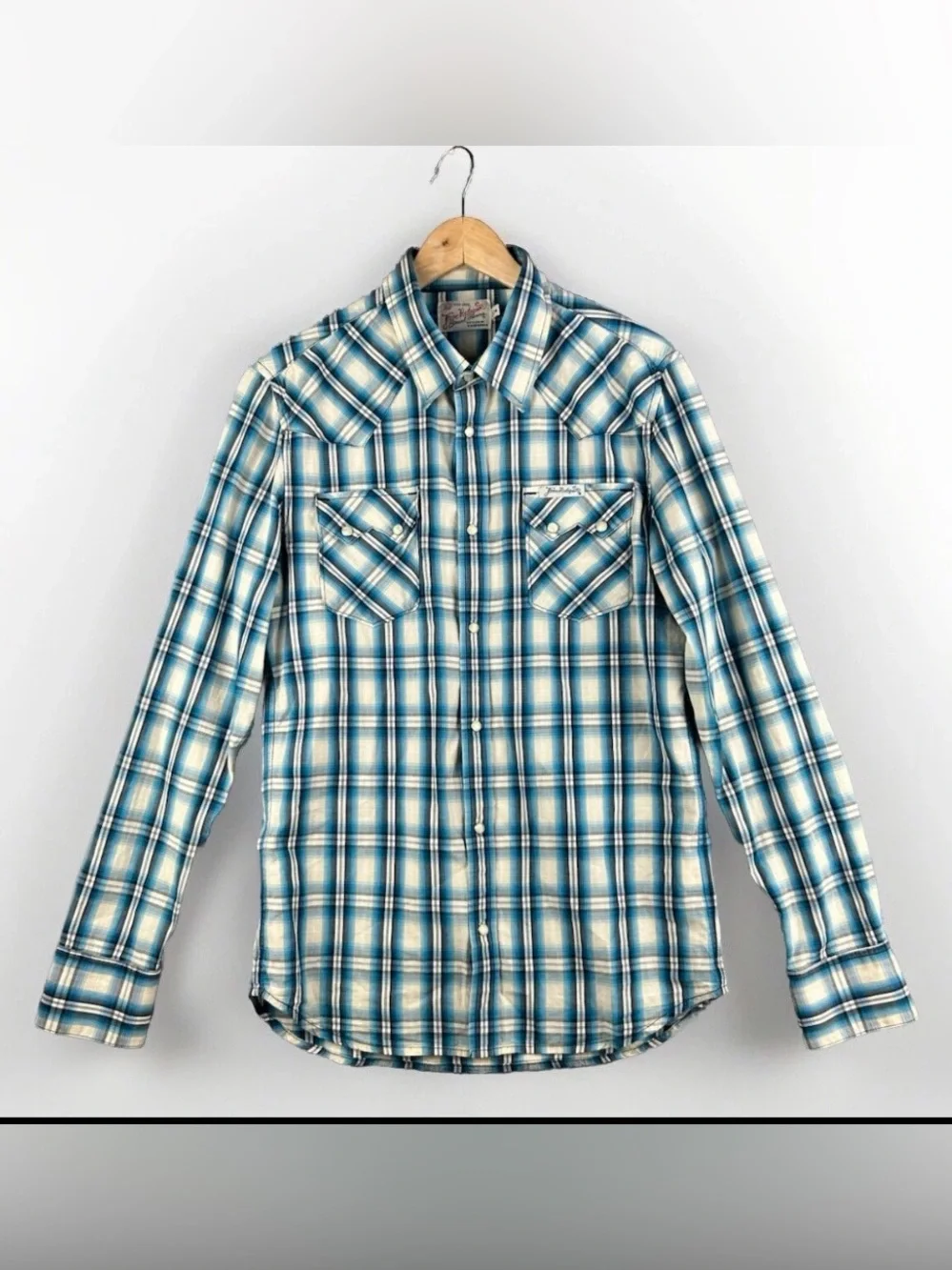 True Religion Men's Shirt Med Western Blue Plaid Pearl Snap Button Cowboy Core
